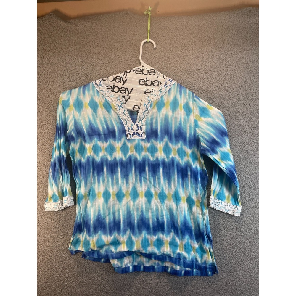 Alfred Dunner‎ Womens Blouse Blue Floral 3/4 Sleeve Notch Neck Keyhole Lace 14